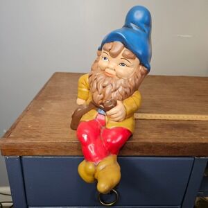Vintage Ceramic Garden Gnome Shelf Sitter Figurine with Pipe Blue Hat 10 inch